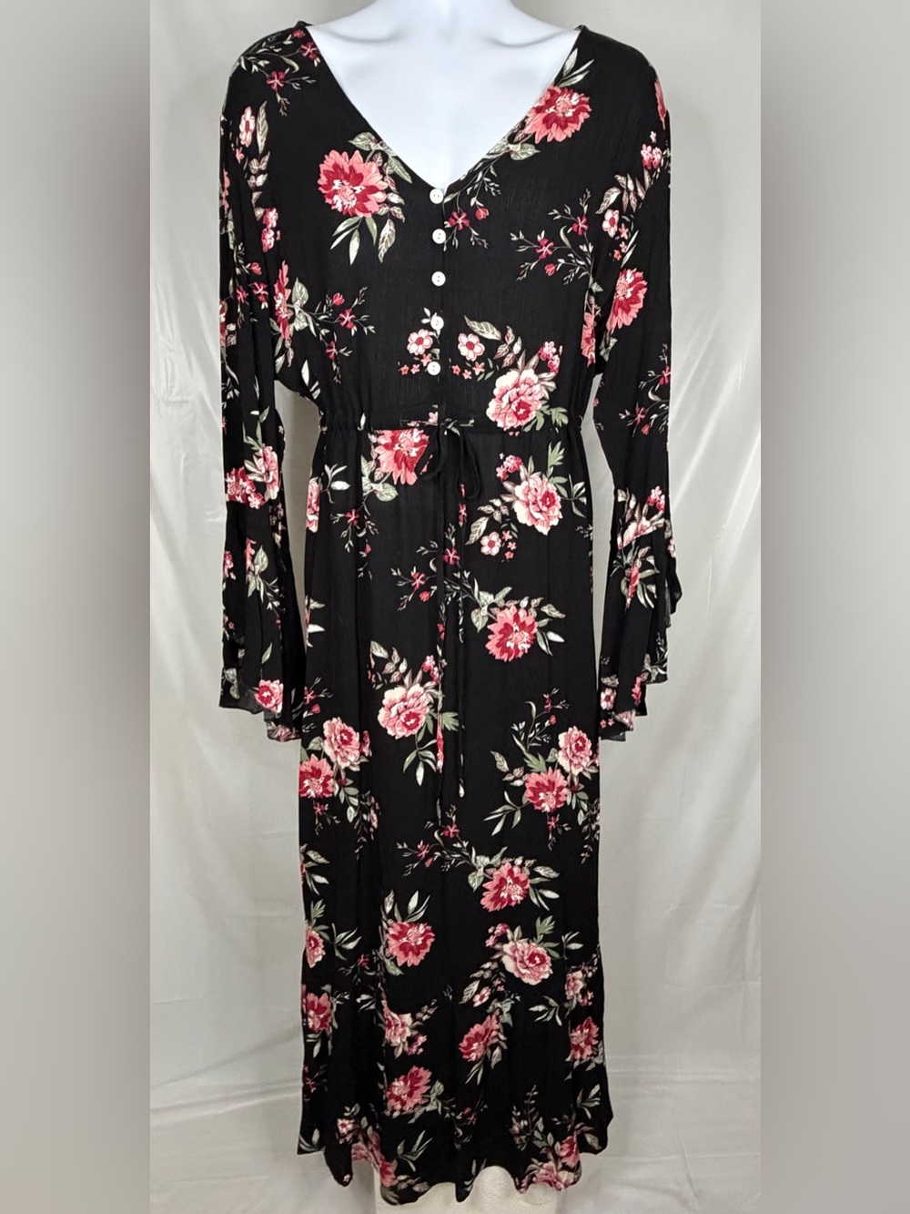 Rusttydustty Floral Boho Maxi Dress 3XL Black Pink Bell Sleeve